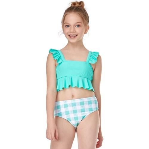 Girls 2Pcs Swimwear Solid Color Square Neck Ruffle Tank Tops with Checked High Waist Triangle Bottoms Bikinis Set