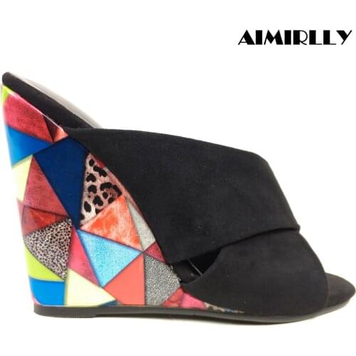 Summer Spring Womens Shoes High Heels Wedge Sandals Slippers Floral Pattern Heel Slip On Casual Black Faux Suede