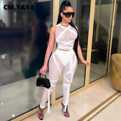 CM.YAYA Mesh See-through Bandage Women Set Crop Tops Elastic Sheath Pencil Pants 2 Piece Sets Without Underpants Sexy Outfit