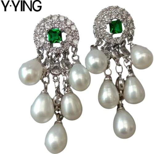 Y·YING Freshwater White Rice Pearl cz chain tassel Cubic Zirconia Pave Setting flower white gold color plated Stud Earrings