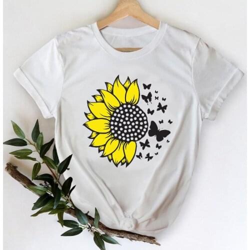 T-shirts for Women 2021 Floral Sunflower Butterfly Spring Summer Printing Top Lady Print Stylish Tshirt Sweet Tee T-Shirt