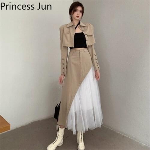 Fashion Women Two Piece Sets Dress Outfits 2pc Khaki Long-sleeved Casual Short Blazer Jacket&Irregular Stitching Mesh Skirt Suit
