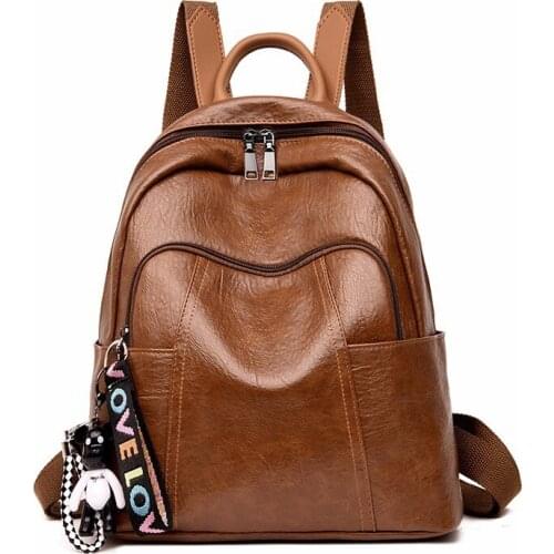 New Retro Korean Ladies Backpack 2021 Leather Solid Color Backpacks Fashion Women Travel Bag With Bear Pendants