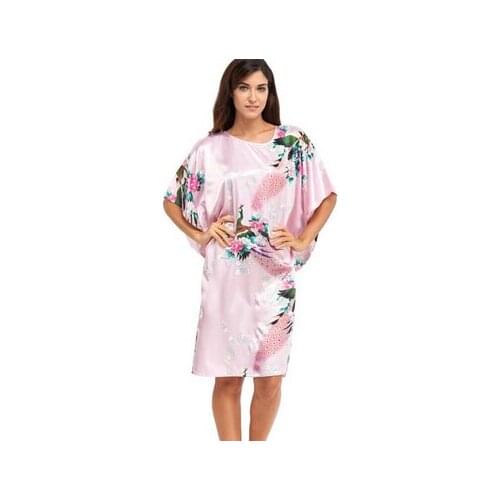 Brand New Pink Female Silk Rayon Robe Nightshirt Summer Bathrobe Gown Sleepwear Flower Home Dress Peacock Plus Size 6XL A-074