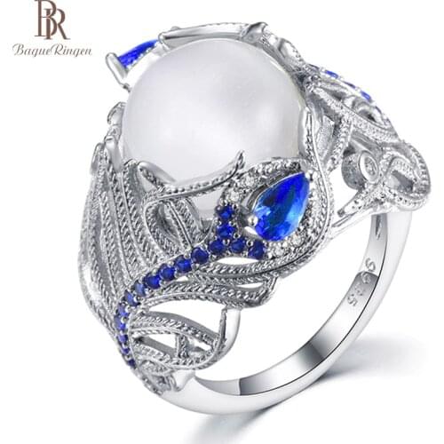 Bague Ringen New HOT Style 925 Sterling Silver Jewelry For Women Moonstone Sapphire Flower Ring Size6,7,8,9,10 Anniversary Gift