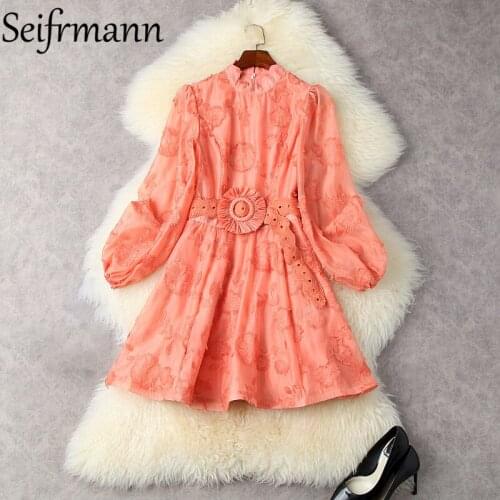 Seifrmann New 2021 Autumn Women Fashion Runway Party Mini Dress Lantern Sleeve Gorgeous Embroidery Solid Printed Ladies Dresses