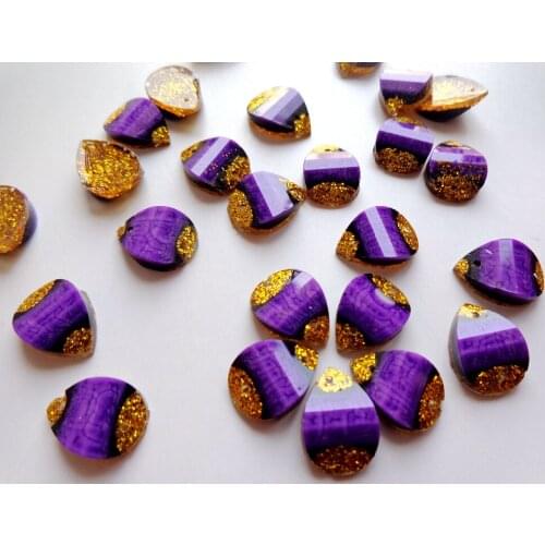 100pcs New fashion style sew on rhinestones drop shape 10*14mm flatback purple/golden 2 holes gem stone crystal for dress