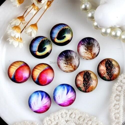 20 pcs MIX 12mm 20mm 25mm 30mm Handmade Round Glass Cabochon beads-Image Glass Cabochon-Feather-(HPGC-MIXSS-94-3)