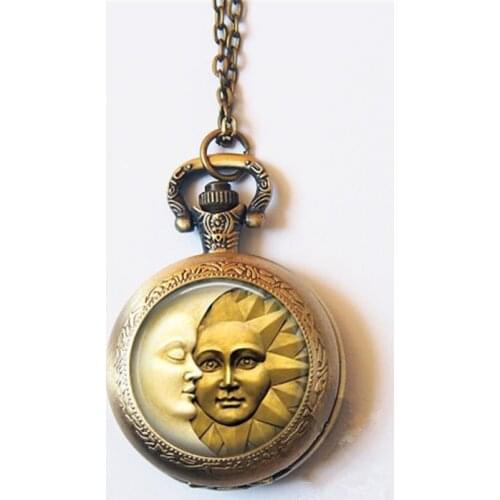 2019 New Arrival Sun and Moon Pocket Watch Necklace Nebula Gothic Mens Womens Glass cabochon jewelry