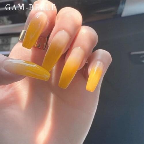 GAM-BELLE French Long Ballerina Full Fake Nails Yellow Gradient Designs Detachable Press on Nails DIY Manicure Accessories
