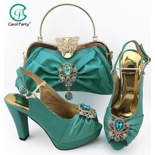 Italian design Women Shoe and Bag Set in S.blue Color High Quality Peep Toe Shoes and Bag with Shinning Crystal for Garden Party