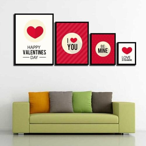 4 ways Red heart Happy Valentines Day Nordic Style Wall Art Canvas Print Painting Modern Living Room Decor Picture