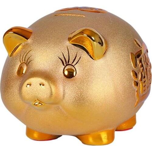 Ceramic Pig Piggy Bank Home Decoration Golden Pig Figurine Money Box Ornament Pig Shape Coin Saving Box Kids Birthday Gift 04269