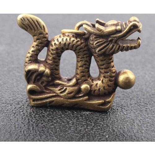 Brass Dragon Car Keychain Pendant Antique Copper Solid 12 Zodiacs Dragon Playing With Ball Desk Decor Ornaments Mini Figurines