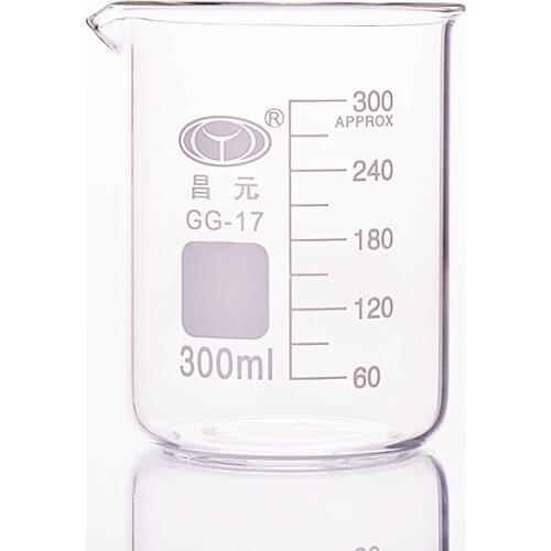 Beaker in low form,Capacity 300ml,Outer diameter=77mm,Height=106mm,Laboratory beaker