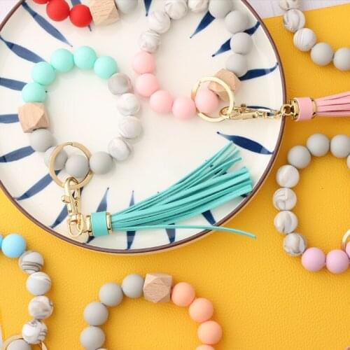 Fashion Tassel Keychain Colorful Wood Beads Wrist Strap Bracelet Keychain For Keyring Women Wristlet Charms Jewelry Accessories