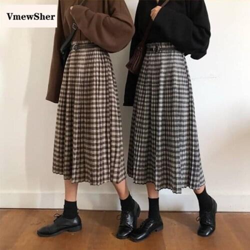 VmewSher New Autumn Plaid Pleated Women Skirt High Waist Slim Midi Winter Vintage Preppy Style Warm Office Lady Elegant Skirts