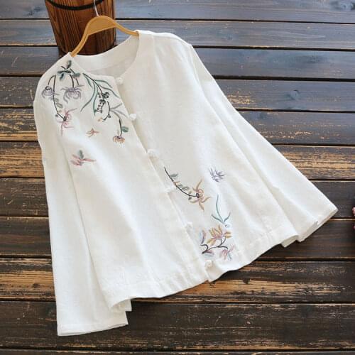 7383 New Spring Women Shirt Chinese Style Retro Buckle Floral Embroidery Linen Loose O-Neck Long Sleeve Blouse Women
