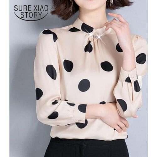 2020 Spring New Long Sleeve Stand Collar Polka Dot Chiffon Blouse Women Korean Elegant Slim Fit Lady Tops Blusas Mujer 9045 50