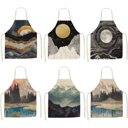 Landscape oil painting Printed Cotton Linen Sleeveless Aprons Kitchen Women Pinafore Home Cooking Baking Waist Bib 47x38 68x55cm