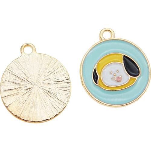 Julie Wang 5PCS Enamel Dog Charms Round Colorful Cartoon Animal Pendants Alloy Gold Tone Jewelry Making Accessory