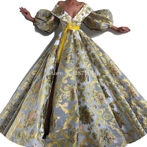 African Luxury Pageant Dress Evening Dress A-Line Long Sleeves Floor-Length Formal Dress Sash Prom Dress Robe De Soiree Aibye