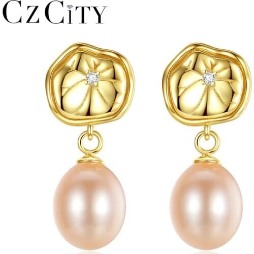 CZCITY Stylish Stud Earrings 925 Sterling Silver Micro CZ paved for Women Wedding Natural Pearl Fine Jewelry Bijoux Gifts FE0229