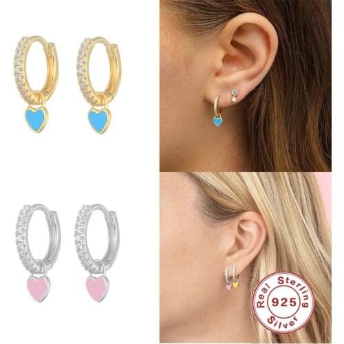 925 Sterling Silver Hoop Earrings with Cute Candy Neon Color Enamel Heart Charm Drop Earring Gold Silver Color for Girls