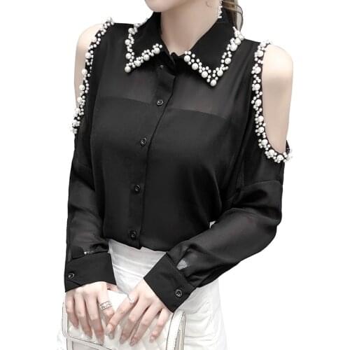 Fashion Blouses Beading Thin Chiffon Blouse Shirt Long Sleeve Woman Shirts Off Shoulder Womens Tops And Blouses Blusas Femininas