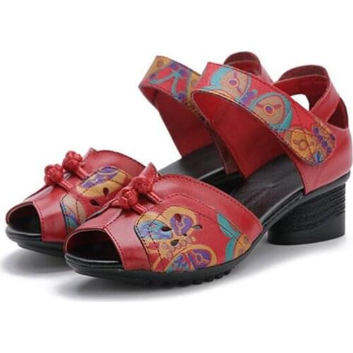 New Ethnic Style Printing Genuine Leather Shoes Woman 2020 Summer Shoes Women Sandals Retro Handmade Hollow Comfort Casual Shoes