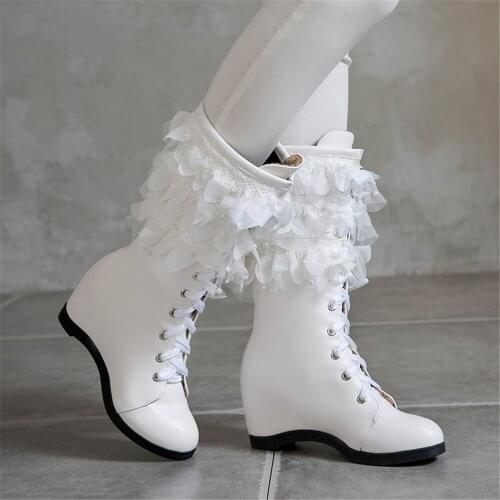 Women Mid-Calf Boots New Autumn Winter Lace wedges Internal increase Boots Shoes Woman Black White Boots Size 33-43 Botas mujer