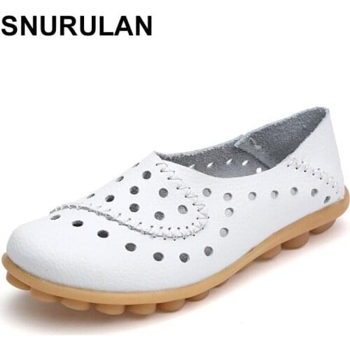 SNURULAN2018 Summer Womens Casual Shoes Genuine Leather Woman Flats Slip On Femal Loafers Lady Boat Shoe Big Size 35-44 E417