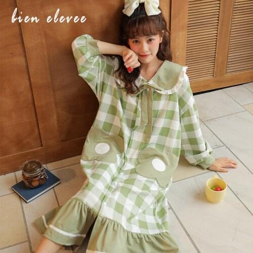 Womens Nightgowns Cute Cartoon Nightwear Cotton Sweet Princess Sleepwear Femme Nightdress Loose Homewear Plaid Plus Size Pyjama