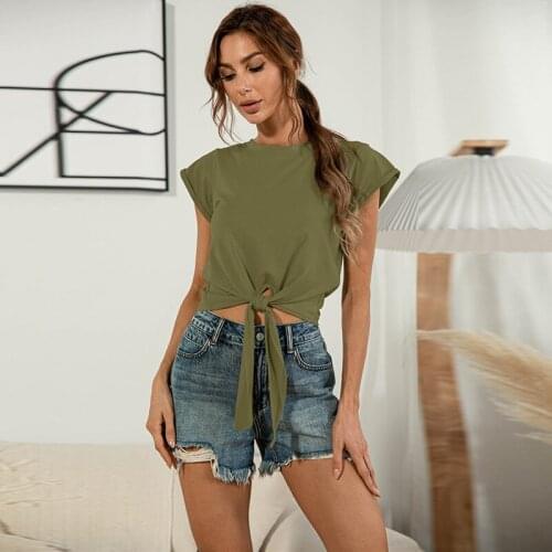 2021 Summer Round Neck Short-sleeved Pullover Cropped Short Lace-Up T-Shirt All-Match Top Women Casual Solid Color Crop Top Lady