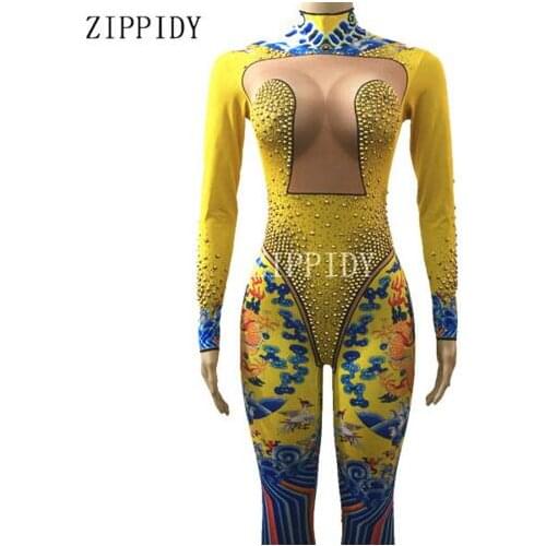 Fashion Rhinestone Blue Dragon Female Singer Sexy Stage Wear Bodysuit Leggings Costume Glisten Stones Outfit