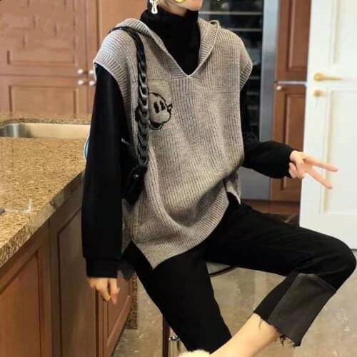 2021 New Spring Autumn Womens Sleeveless Sweater Fashion Open Fork Hooded Vests For Women High Quality Oversize Vest Female