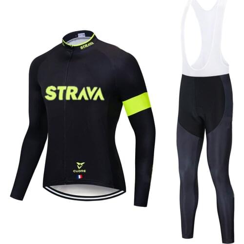 2020 STRAVA Team Long Sleeve Cycling Jersey Set Bib Pants Ropa Ciclismo Bicycle Clothing MTB Bike Jersey Uniform Men Clothes