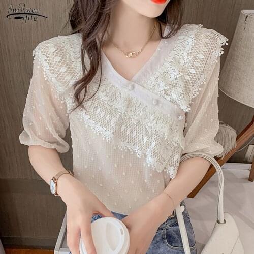 2021 Summer V-neck Lace Polka Dot Bubble Short Sleeve Ruffle Tops French Retro Women Blouse Slim Jacquard Chiffon Shirt 15247