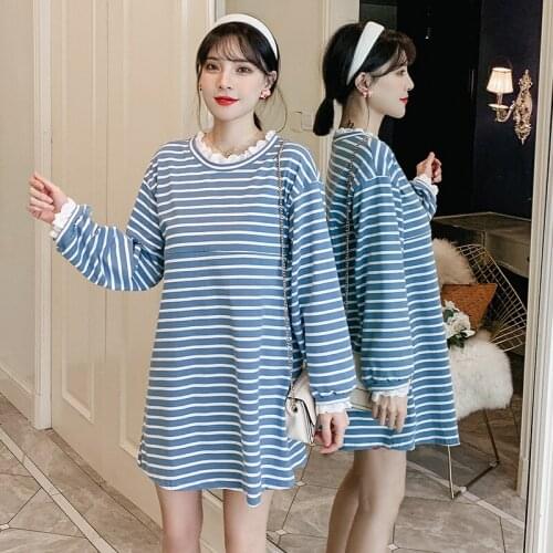 2058# Nursing Maternity Clothing Loose Stylish Striped Dress for Pregnant Women Pregnancy Nursing Dress