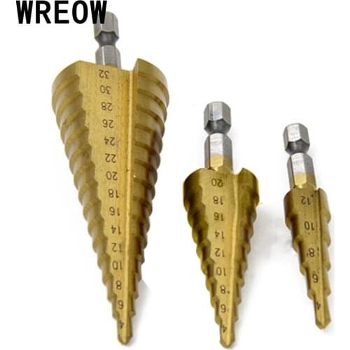 3Pcs HSS Flute Pagoda Shape Hole Cutter 4-12/20/32mm HSS Steel Cone Drill Bit Set HSS Steel Step Sharpening Woodworking