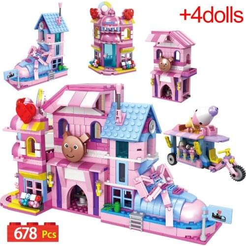 4 In1 City Street View Garden Candy Store Architecture Building Blocks Friends Ice Cream Car DIY Bricks Education Toys For Girls
