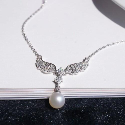 925 Sterling Silver Angel Wings Rhinestone Natural Freshwater Pearl Pendant Necklace for Lady Girls Brithday Gift Fashion Collar