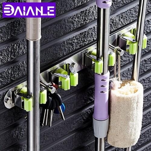 BAIANLE Bathroom Mop Rack Umbrella Hook Wall Mount Toilet Stainless Steel Broom Handle Key Hook Storage Rack
