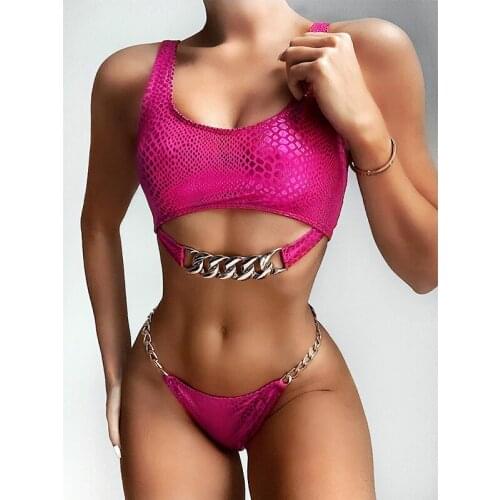 Shiny Swimsuits Woman Push Up Bikinis Set Metal Chain Tank Top Bathing Suits Two Pieces Swimwear Snake Skin Print Pink Biquine