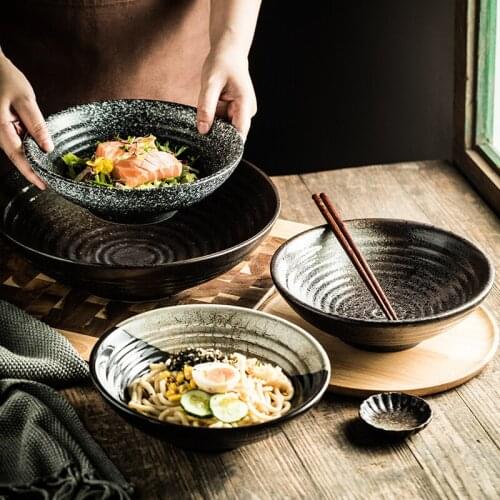 Japanese style black threaded soup bowl large ramen bowl hotel restaurant commercial tableware ceramic noodle bowl 9/12 inch