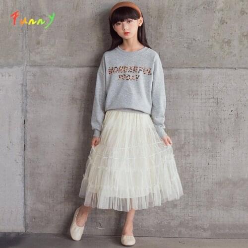 Kids Clothes Girls Autumn 2021 Cotton Letter Print Long Sleeve Tops + Mesh Skirt Teen Girl Sets Casual Children Sweatshirt Set