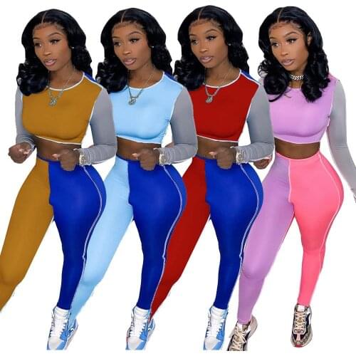 Two Pieces Long Outfits Color Block Patchwork Crew Neck Long Sleeve Crop Tops Bodycon Long Pants Tight Leggings Gym Tracksuits