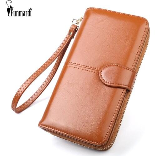 FUNMARDI Women Wallet Female Long Purse Women Luxury Oil Wax Leather Wallet Coin Purse Card Holder Money Multifunction WLHB1933