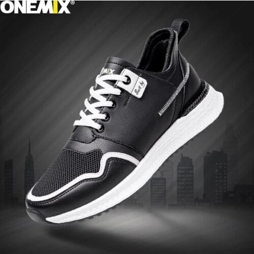 ONEMIX Men Running Shoes Lace Up Outdoor Man Jogging Sneakers Comfortable Walking Mesh Leather Splicing Breathable Sport Shoes