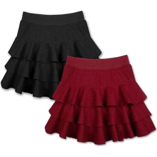 Winter Fall Sweet Ladies Women Ruffles Wine Red Black Mini Woolen Skirt , Autumn Female Woman Elastic High Waisted Wool Skirts